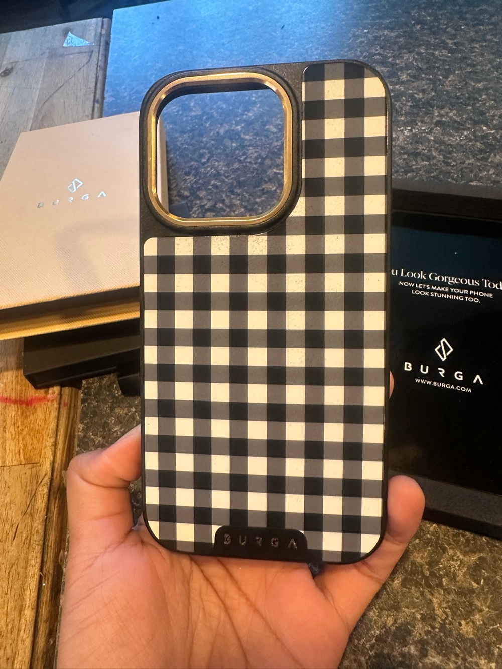 Burga Black & White Gingham iPhone 14 Pro Case with Gold Trim and ring
